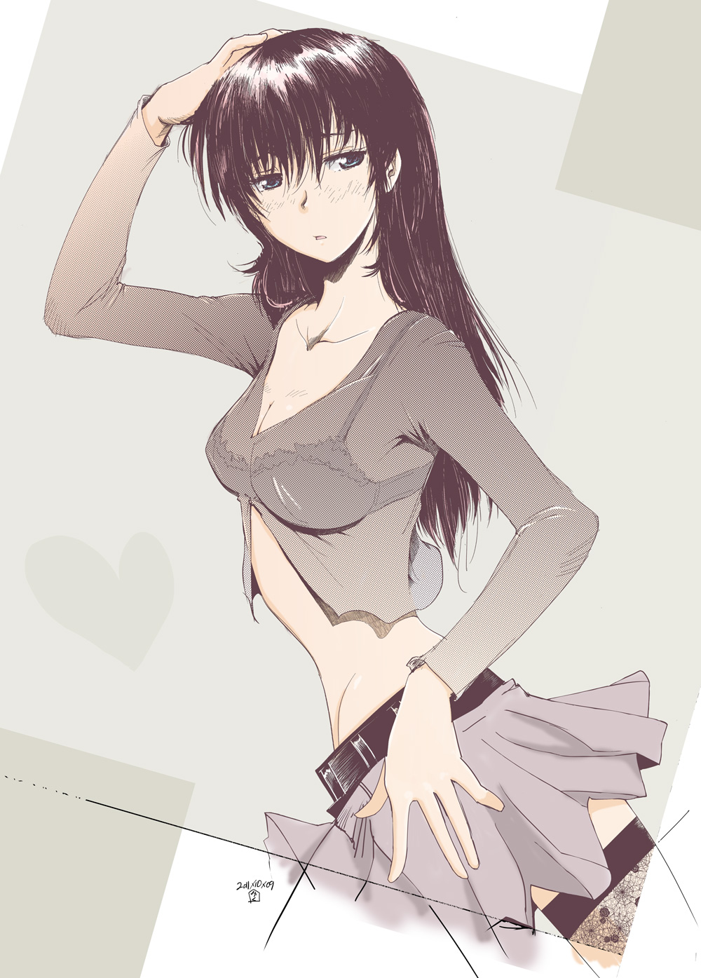black_hair, blue_eyes, bra, breasts, cleavage, collarbone, hand_on_head, heart