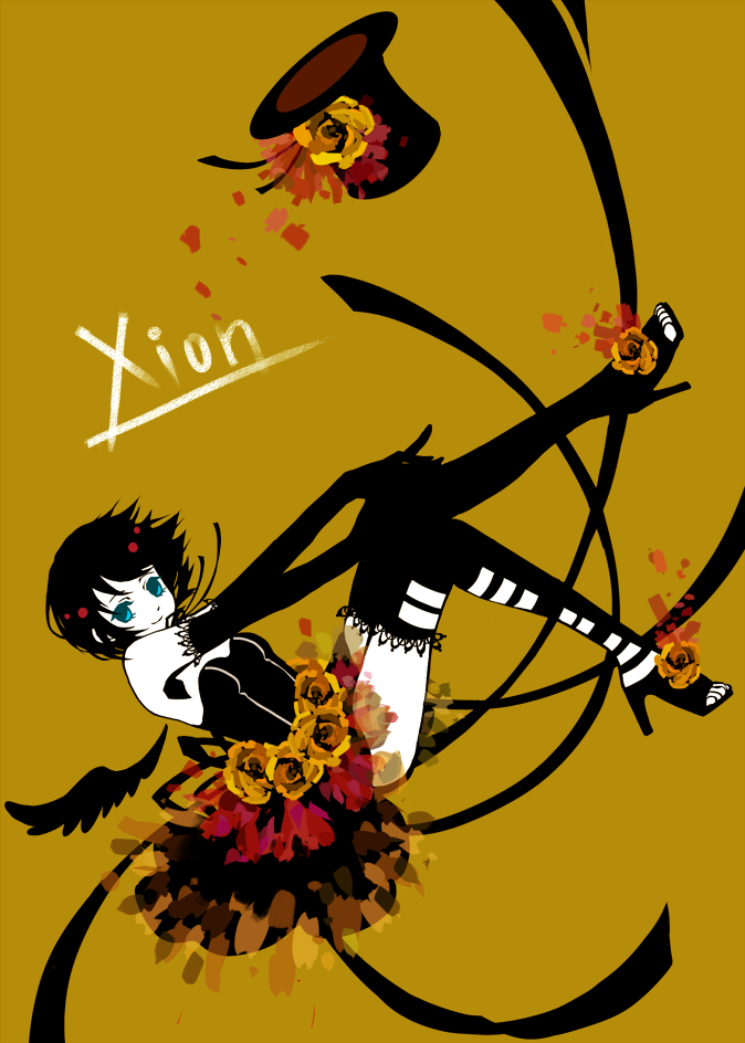 black_hair, blue_eyes, dress, elbow_gloves, flower, gloves, hat, high_heels