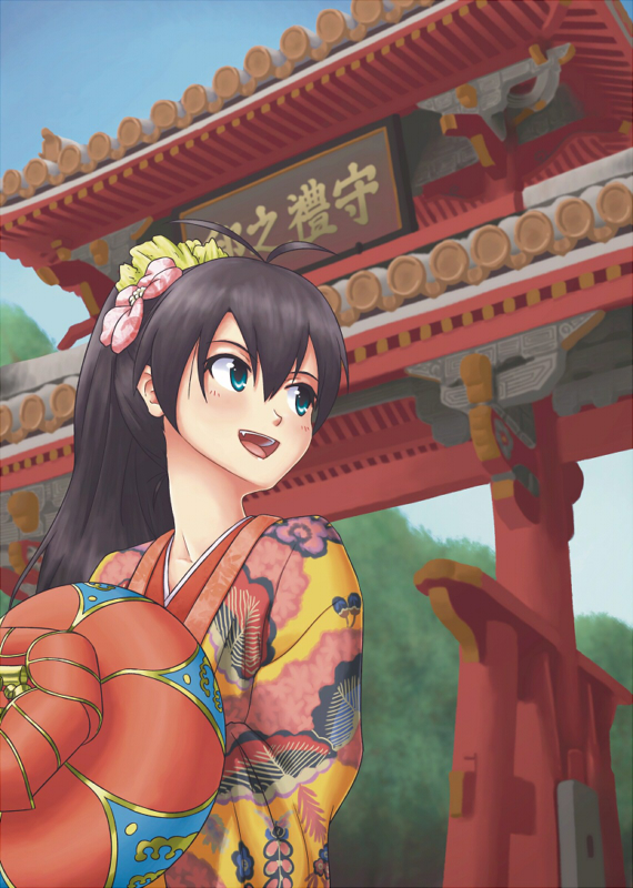 antenna_hair, black_hair, blue_eyes, flower, from_below, ganaha_hibiki, hair_flower, hair_ornament