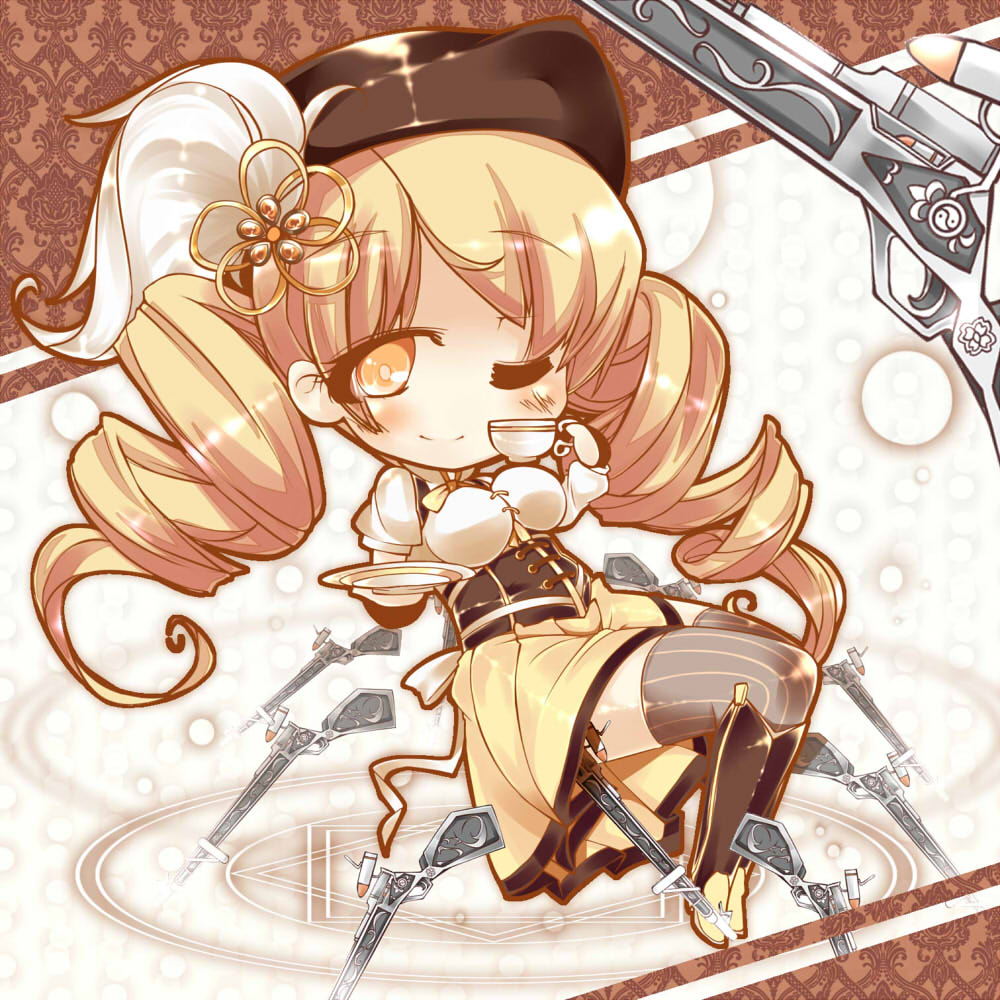 beret, blonde_hair, boots, breasts, chibi, corset, cup, detached_sleeves
