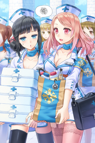5girls, bag, black_hair, blue_eyes, breasts, brown_eyes, brown_hair, cleavage