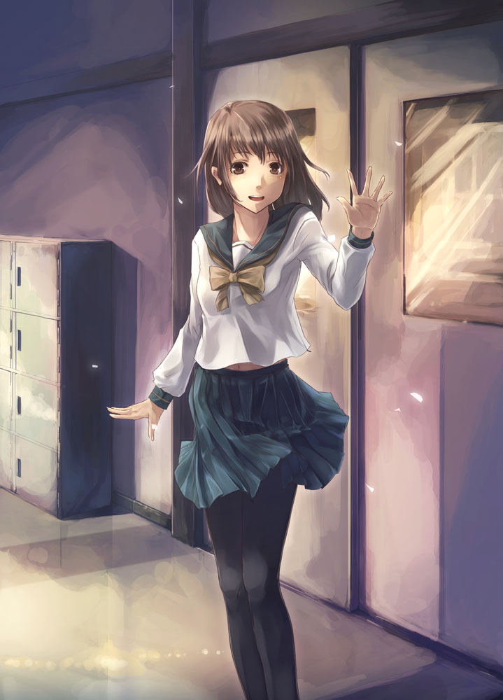 brown_hair, original, pantyhose, school, school_uniform, serafuku, shacchi, skirt