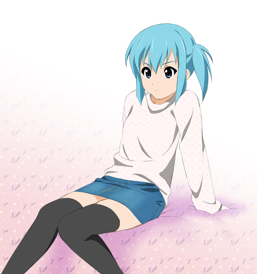 blue_eyes, blue_hair, denim_skirt, fukuoka_katsumi, miniskirt, misaki_(fukuoka_katsumi), original, side_ponytail