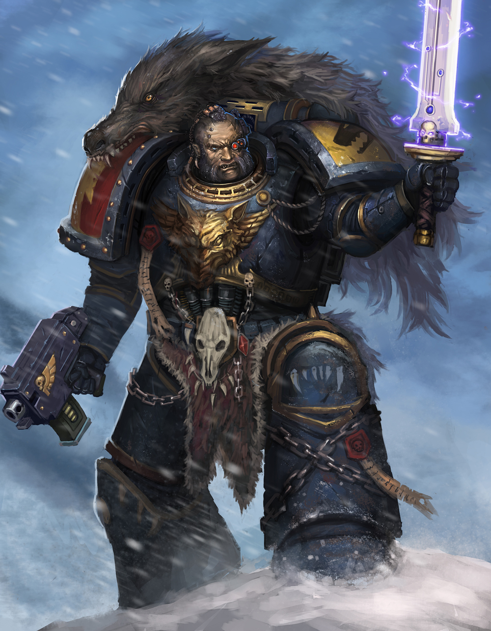 armor, beard, black_hair, blue_eyes, bolter, braid, earrings, electricity, facial_hair, highres, jewelry, lieqi_hun, male, manly, pelt, ryouki_tamashii, sharp_teeth, skull, snow, snowing, solo, space_marines, space_wolves, sword, warhammer_40k, weapon, wolf