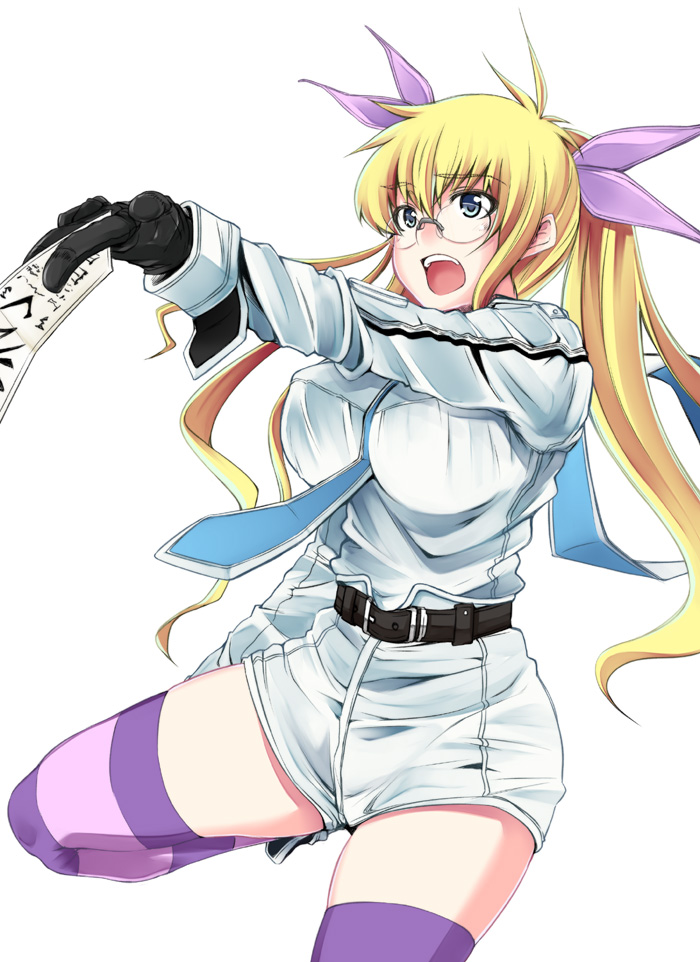 belt, between_breasts, between_fingers, black_gloves, blonde_hair, breasts, drifters, glasses