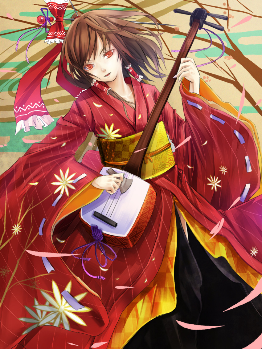 alternate_costume, bachi, brown_hair, hair_stick, hair_tubes, hakurei_reimu, highres, instrument