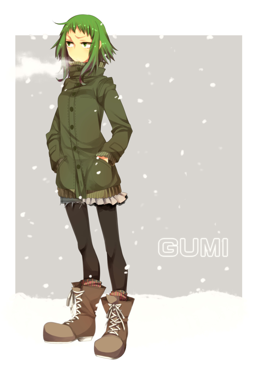 annoyed, boots, breath, character_name, green_eyes, green_hair, gumi, haru_(oomr005)