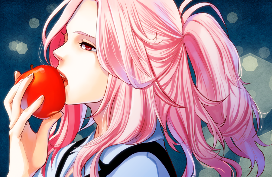 apple, food, fruit, holding, holding_apple, holding_fruit, long_hair, male, mawaru_penguindrum, okeya_(ol23), pink_hair, ponytail, red_eyes, solo, watase_sanetoshi