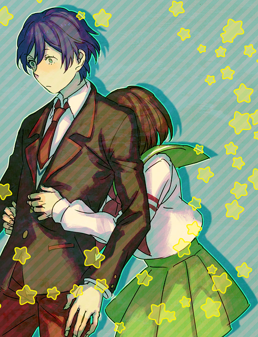 blue_hair, brown_hair, green_eyes, hug, hug_from_behind, mawaru_penguindrum, necktie, oginome_ringo