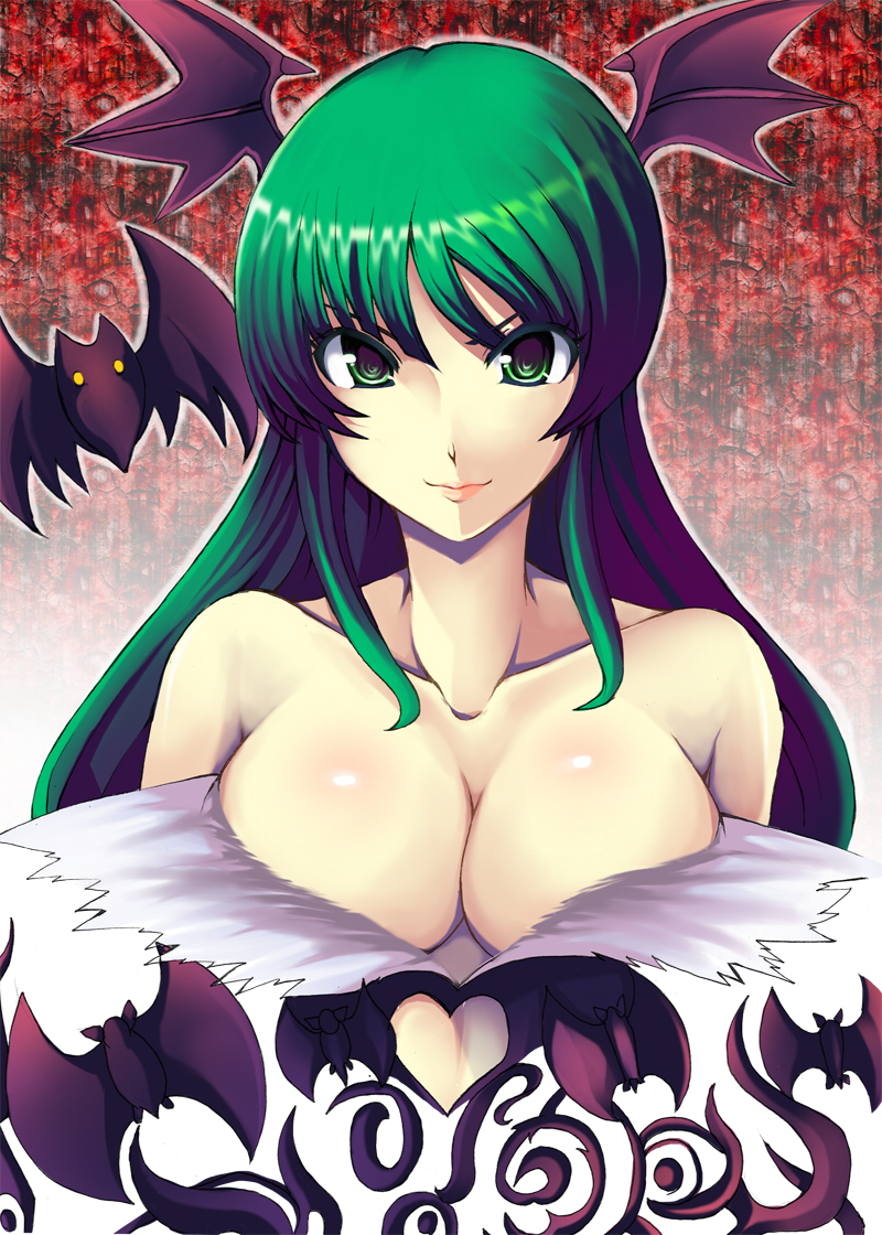 bat, breasts, bust, capcom, cleavage, darkstalkers, green_eyes, green_hair