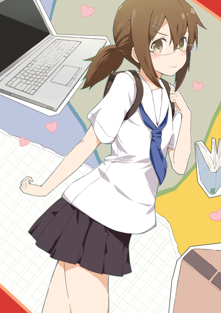 1girl, ben-tou, blush, book, brown_eyes, brown_hair, cccpo, computer
