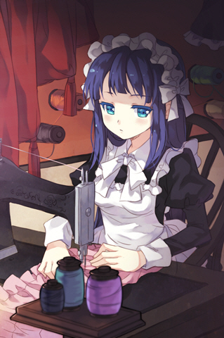 bangs, blue_eyes, blue_hair, blunt_bangs, bow, breasts, chair, frills, long_hair, lowres, maid, maid_headdress, ribbon, sewing, sewing_machine, sitting, solo, sword_girls, tailor