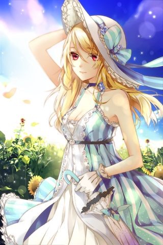blonde_hair, bow, breasts, choker, cleavage, cocoon_(loveririn), dress, flower, gloves, hat, lace, long_hair, lowres, petals, pink_eyes, ribbon, rosa(sword_girls), rosa_(sword_girls), rosa_pacifica, rose_pacifica, solo, sun_hat, sunflower, sword_girls, umbrella, vertical_stripes