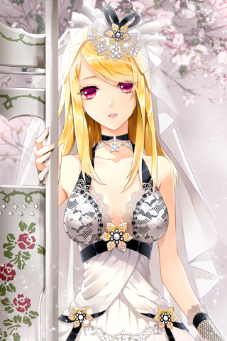 bridal_veil, cocoon_(loveririn), dress, flower, hair_ornament, jewelry, lace, long_hair, looking_at_viewer, lowres, necklace, pink_eyes, rosa(sword_girls), rosa_(sword_girls), rosa_pacifica, rose_pacifica, solo, sword_girls, tree, veil, wedding_dress