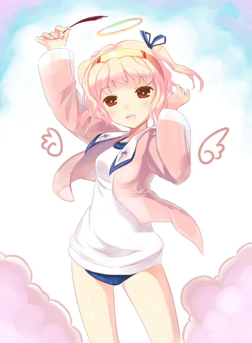 angel_wings, buruma, cloud, dexp, gym_uniform, hair_ribbon, hairband, halo
