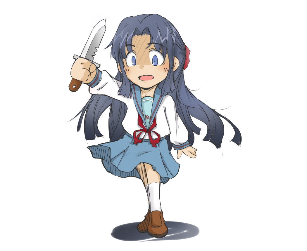bad_id, blue_eyes, blue_hair, knife, long_hair, school_uniform, shrike, suzumiya_haruhi_no_yuuutsu