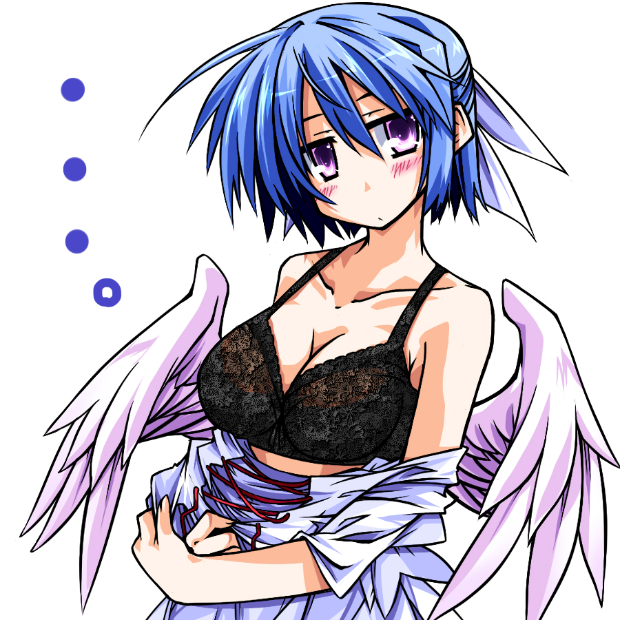 bare_shoulders, black_bra, blue_hair, blush, bra, breasts, bust, cleavage