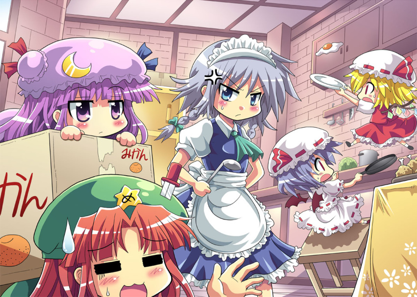 >_<, :3, =_=, anger_vein, apron, bat_wings, blonde_hair, blue_eyes