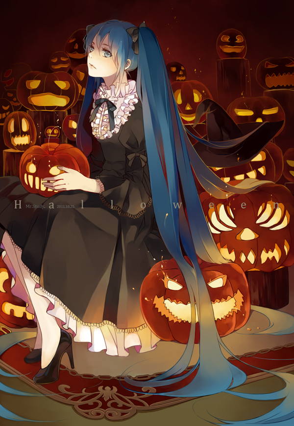 aqua_eyes, aqua_hair, dress, hair_ribbon, halloween, hat, hatsune_miku, high_heels, kebei, long_hair, pumpkin, ribbon, shoes, sitting, solo, twintails, very_long_hair, vocaloid, witch_hat