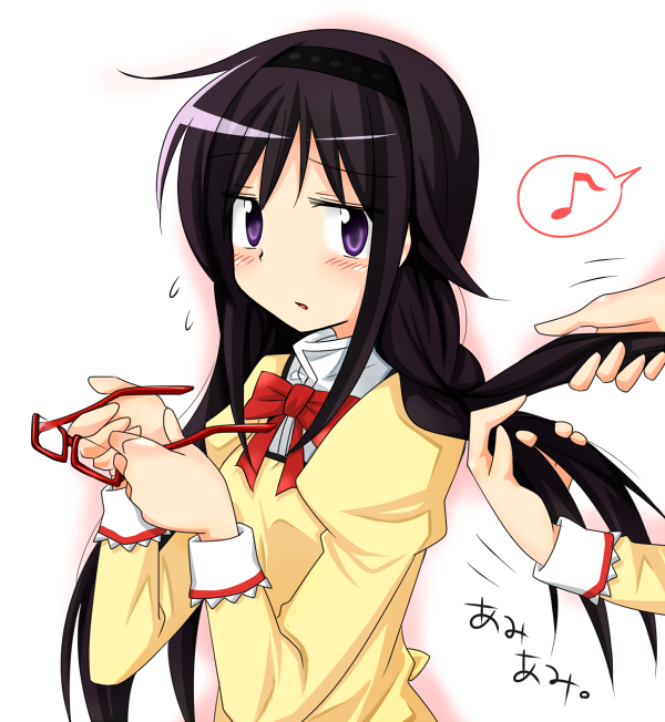 black_hair, blush, braiding_hair, glasses, glasses_removed, hairband, hairdressing, jappo