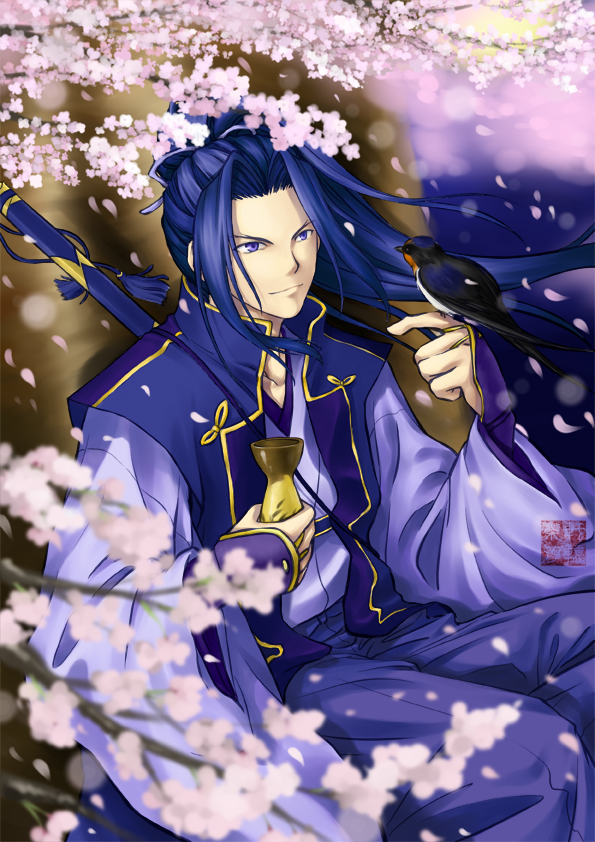 assassin_(f/sn), assassin_(fate/stay_night), bird, blue_eyes, blue_hair, cherry_blossoms, fate/stay_night, fate_(series), japanese_clothes, kenen_tanabata, long_hair, male, monohoshizao, ponytail, solo, swallow, sword, weapon