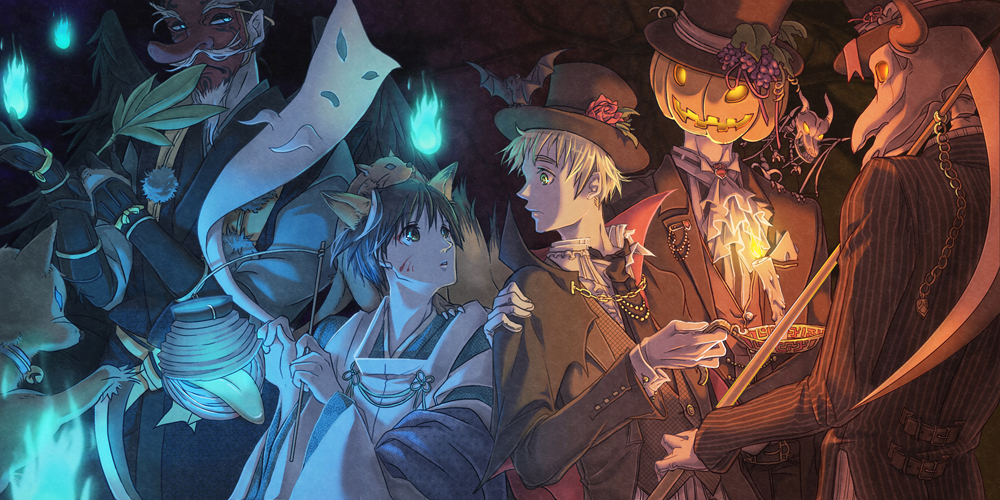 animal_on_head, axis_powers_hetalia, bat, black_hair, blonde_hair, candle, fox, fox_ears