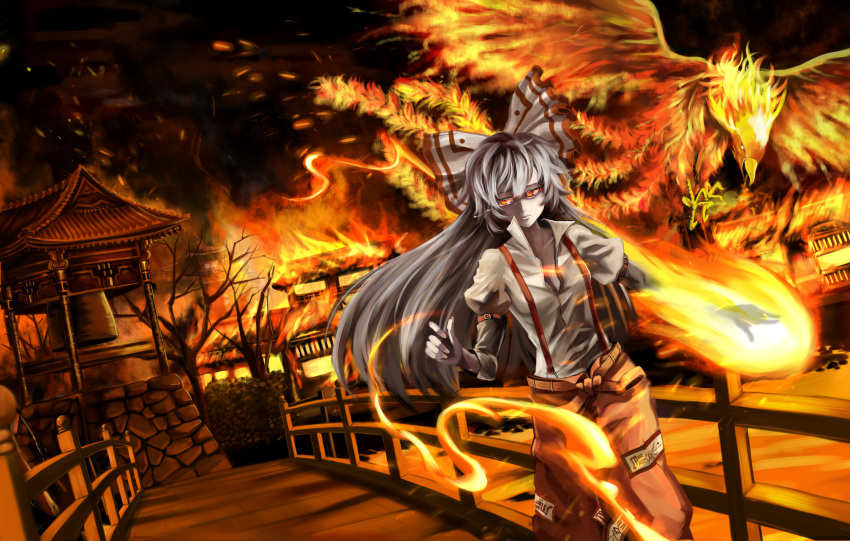 bell_tower, bird, bow, breasts, bridge, burning_hand, burning_hands, cleavage