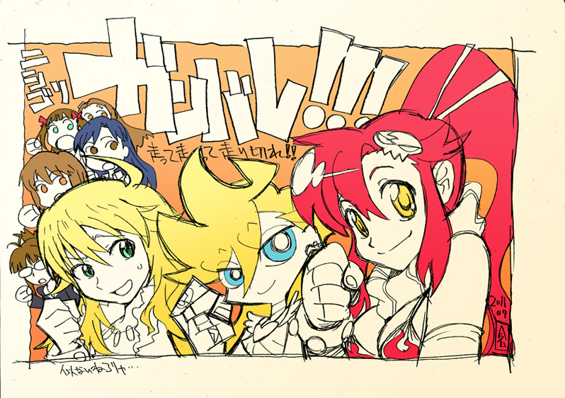 akizuki_ritsuko, amami_haruka, company_connection, creator_connection, crossover, gainax, hagiwara_yukiho, hoshii_miki, idolmaster, imaishi_hiroyuki, kisaragi_chihaya, minase_iori, multiple_girls, nishigori_atsushi, official_art, panty_&amp;_stocking_with_garterbelt, panty_(character), panty_(psg), tengen_toppa_gurren_lagann, trigger_(company), yoko_littner