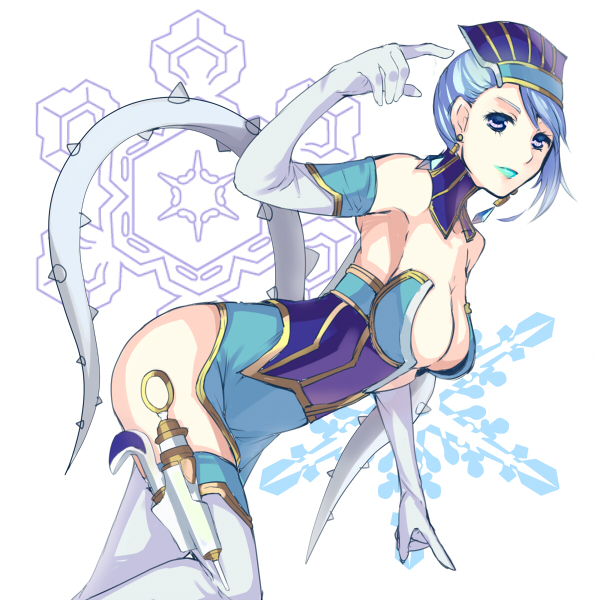 bare_shoulders, blue_eyes, blue_hair, blue_rose_(tiger_&amp;_bunny), boots, breasts, cleavage, elbow_gloves