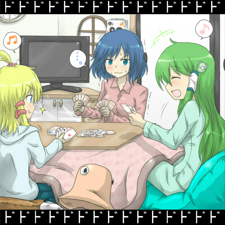 3girls, card, cards, hat, holding, holding_card, kochiya_sanae, kotatsu
