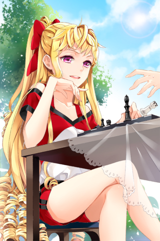 bare_shoulders, blonde_hair, bow, chess, cinia_pacifica, cloud, cocoon_(loveririn), crossed_legs