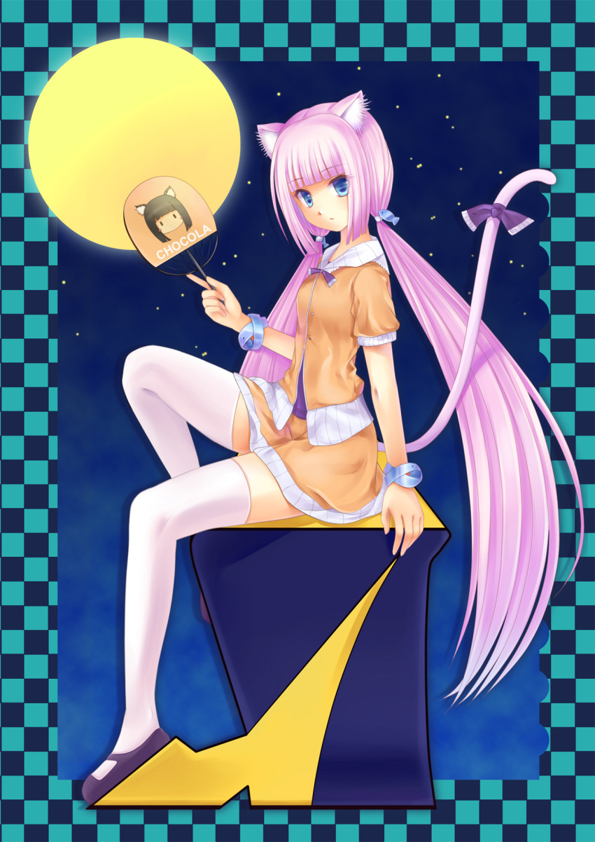 animal_ears, bangs, bla_(artist), blue_eyes, blunt_bangs, blush, bow, bracelet, brown_hair, cat_ears, catgirl, chocolat_(sayori), engrish, fan, full_moon, hands, highres, jewelry, legs, long_hair, moon, nekomimi, original, pink_hair, ranguage, sidelocks, sitting, skirt, solo, tail, thigh_high, thighhighs, twintails, vanilla_(sayori), very_long_hair