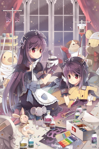 apron, bandage, bandages, bangs, bat_wings, blood, blood_bag, bow
