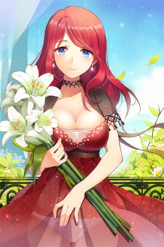 blue_eyes, bolero, bra, breasts, choker, cleavage, cropped_jacket, dress, earrings, flower, gilse, jewelry, large_breasts, lily_(flower), lingerie, long_hair, looking_at_viewer, lowres, nail_polish, panties, red_dress, red_hair, redhead, rihanna, see-through, smile, solo, sword_girls, transparent, underwear