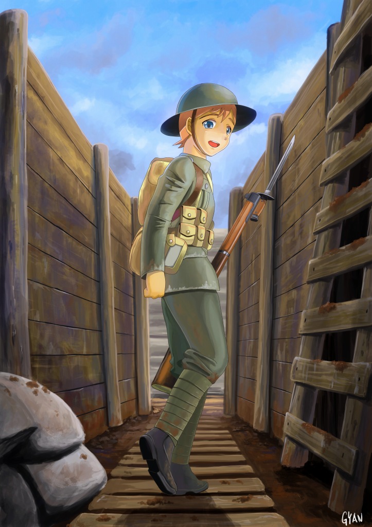 bag, bayonet, blue_eyes, boots, copyright_request, gun, gyan_(akenosuisei), helmet, ladder, lee-enfield, military, military_uniform, pouch, rifle, signature, soldier, solo, trench, uniform, war, weapon, world_war_i, wwi