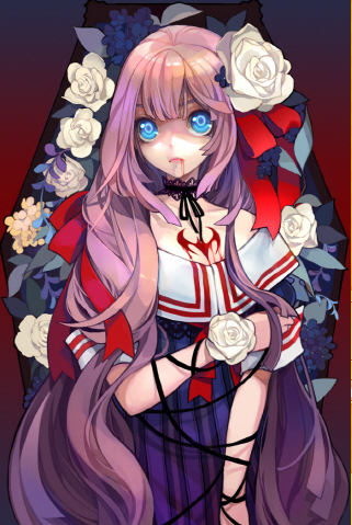 becky_flina, blood, blue_eyes, choker, dress, flower, hair_ornament, lace, long_hair, lowres, markings, purple_hair, ribbon, rose, solo, sword_girls, vampire, white_rose