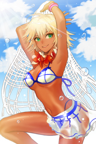 armpits, bikini, blonde_hair, bracelet, breasts, bubble, cloud, dark_skin