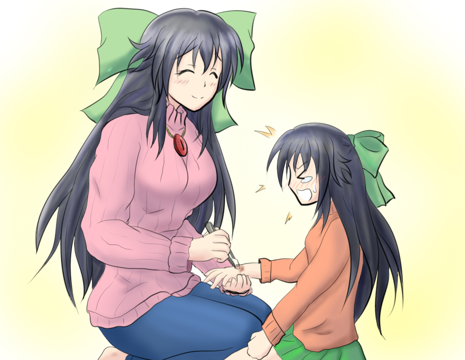 >_<, 2girls, ^_^, age_difference, azumax, black_hair, blush, child, closed_eyes, eyes_closed, injury, jewelry, kokuu_haruto, long_hair, mother_and_daughter, multiple_girls, necklace, original, reiuji_utsuho, seiza, sitting, skirt, smile, sweater, tears, touhou, turtleneck, wound, wounded