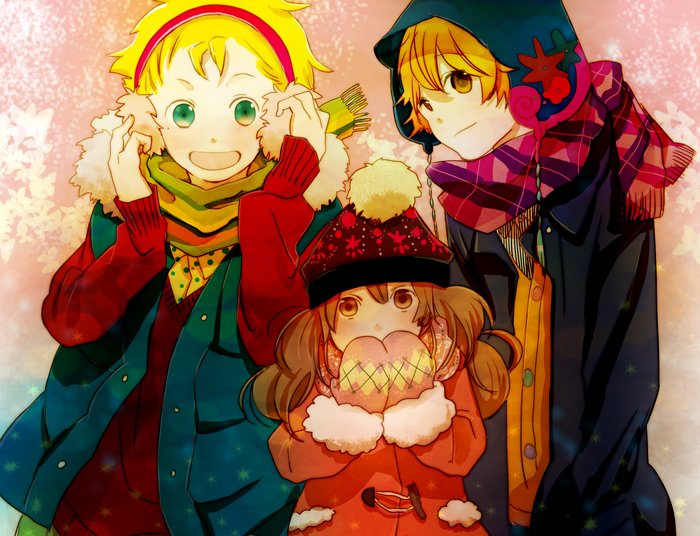 blonde_hair, brown_eyes, brown_hair, coat, earmuffs, gloves, green_eyes, hat