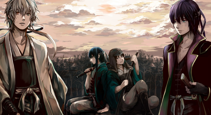 brown_hair, cloud, clouds, eyepatch, forest, gintama, green_eyes, heterochromia