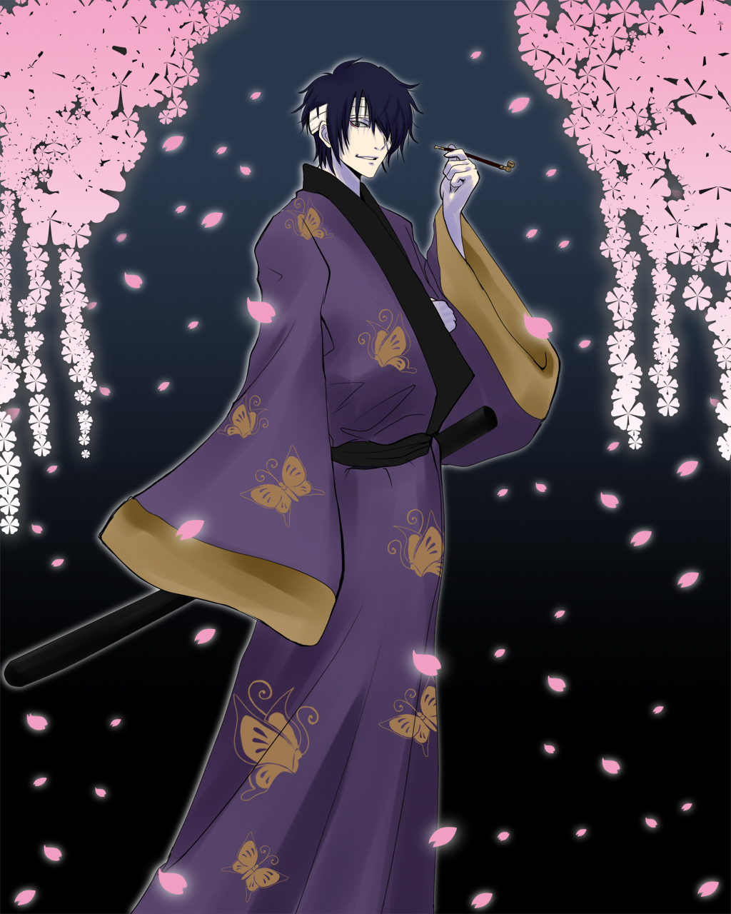 eyepatch, flower, gintama, highres, japanese_clothes, kakihara_inuhiko, katana, kimono