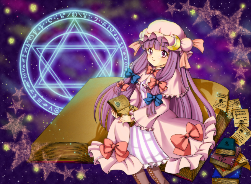 blush, book, boots, bow, crescent, dress, hair_bow, hat, hexagram, long_hair, magic_circle, mikiky, notes, patchouli_knowledge, pentagram, purple_eyes, purple_hair, sitting, smile, solo, star, touhou, violet_eyes