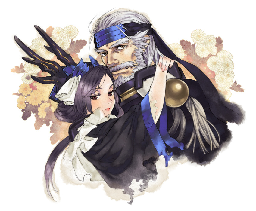 black_eyes, black_hair, facial_hair, flower, green_eyes, grey_hair, headband, honda_tadakatsu_(horizon)