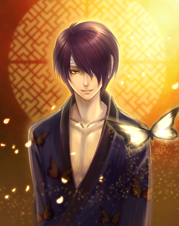 butterfly, evil, eyepatch, gintama, green_eyes, japanese_clothes, kimono, male, purple_hair, shinsaku_takasugi, takasugi_shinsuke