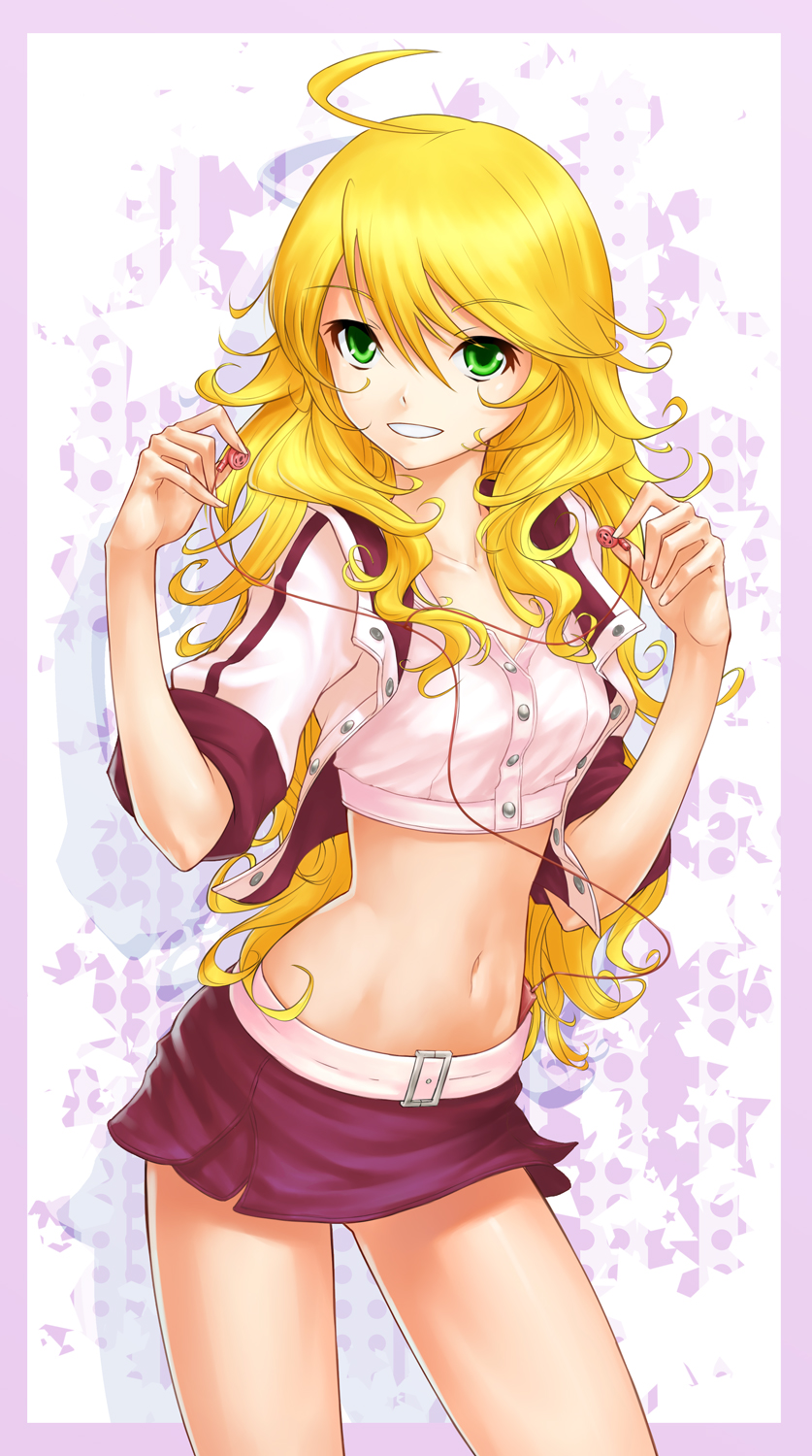 ahoge, belly_button, blonde_hair, earbuds, earphones, green_eyes, highres, hoshii_miki
