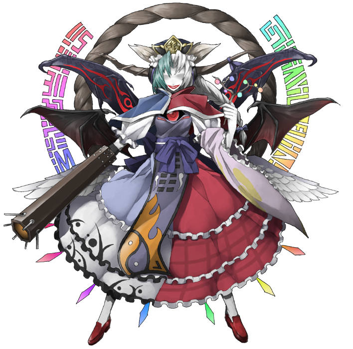 angel, annotated, arm_cannon, asymmetrical_clothes, asymmetrical_clothing, bat_wings, braid, branch