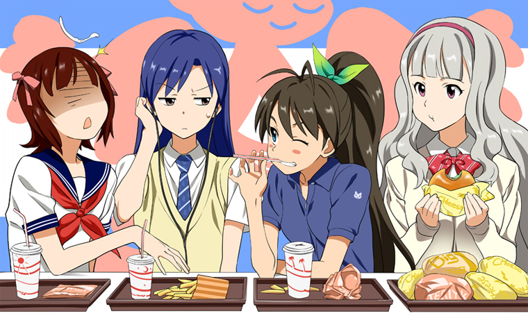 amami_haruka, annoyed, blush_stickers, bow, bowtie, drink, earphones, eating
