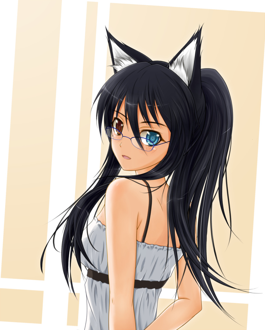 bare_shoulders, black_hair, blue_eyes, brown_eyes, copyright_request, glasses, heterochromia, highres
