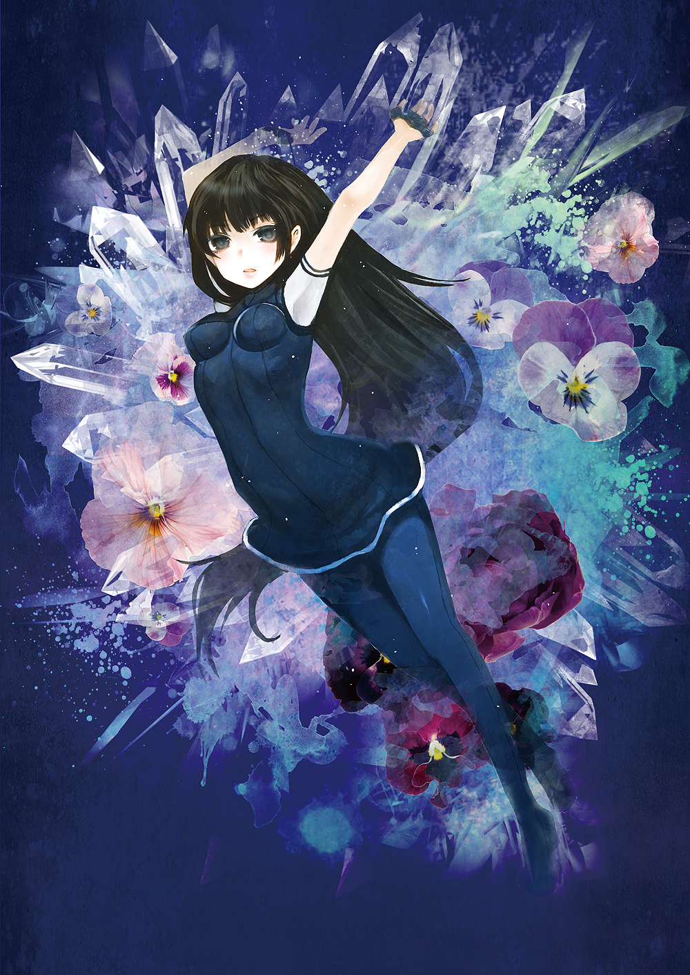 arms_up, blue_legwear, bodysuit, brown_hair, crystal, duca, fingerless_gloves, flower, gloves, grey_eyes, highres, long_hair, miria_(refrain), paint_splatter, pantyhose, refrain_~prism_memories~, solo, very_long_hair