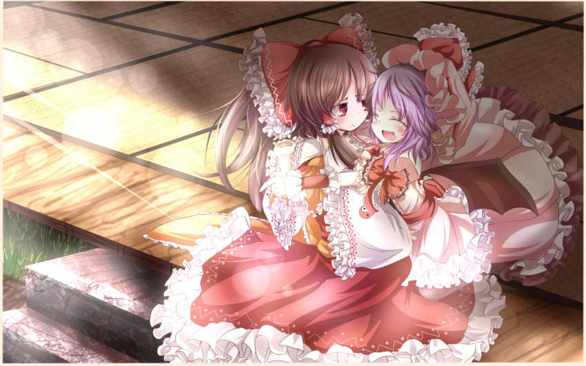 :<, ascot, bat_wings, blush, bow, brown_hair, closed_eyes, detached_sleeves